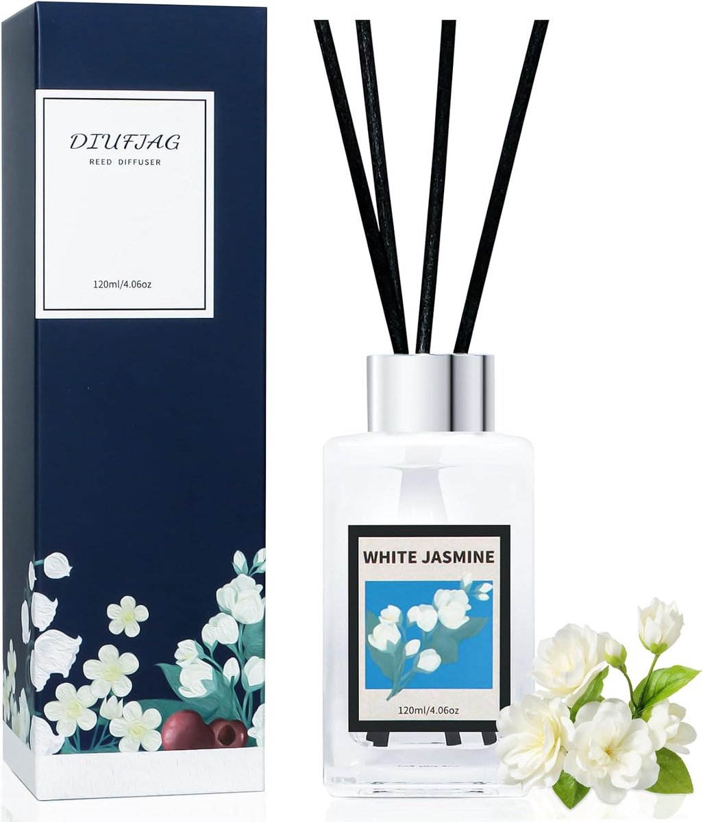 SnelShoppen - White Jasmine Geurstokjes 120ml - Luxe Roomgeur met 8 Sticks - Luchtverfrisser voor Slaapkamer, Kantoor en Badkamer - Decoratieve Geurve