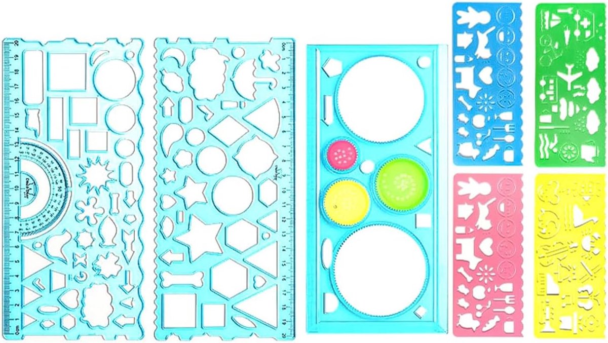 SnelShoppen - 7-delige Plastic Liniaal Set met Teken Templates in Diverse Vormen, Creatieve Geometrische Linialen, Multifunctioneel voor School en Hob