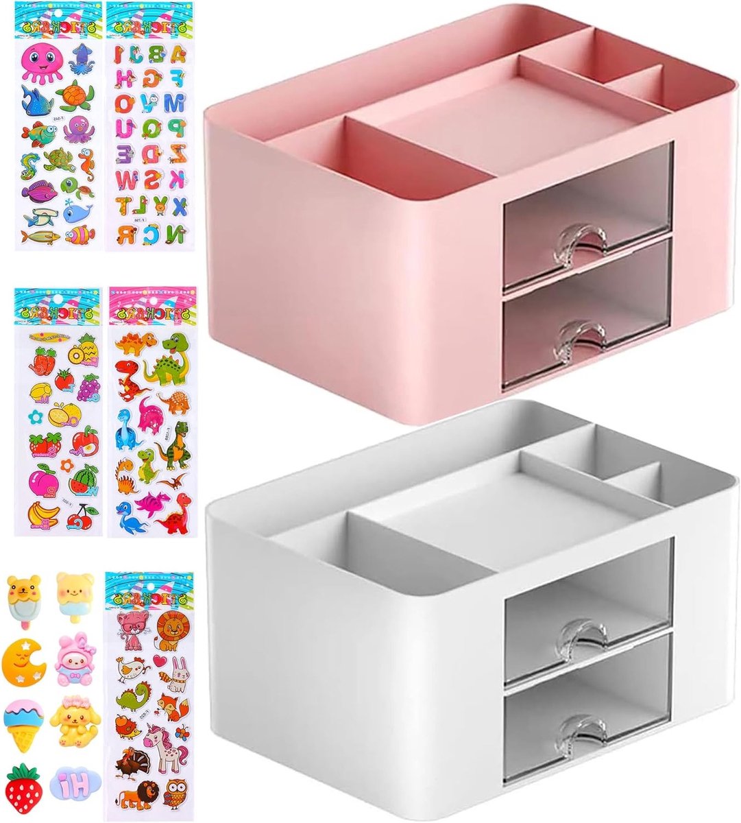 Multifunctionele Bureau Organizer met Laden, Ruimtebesparende Pennenhouder en Tafelorganizer met 5 Compartimenten voor Thuis, Kantoor en School (Roze + Wit)
