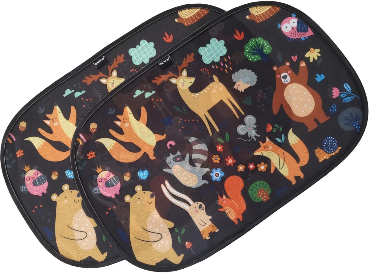 SnelShoppen - 2 Pack Dieren Cartoon Auto Raam Zonneschermen voor Kinderen - 21x14 Inch - Baby Zonnebescherming - Glans en UV Stralen Bescherming voor