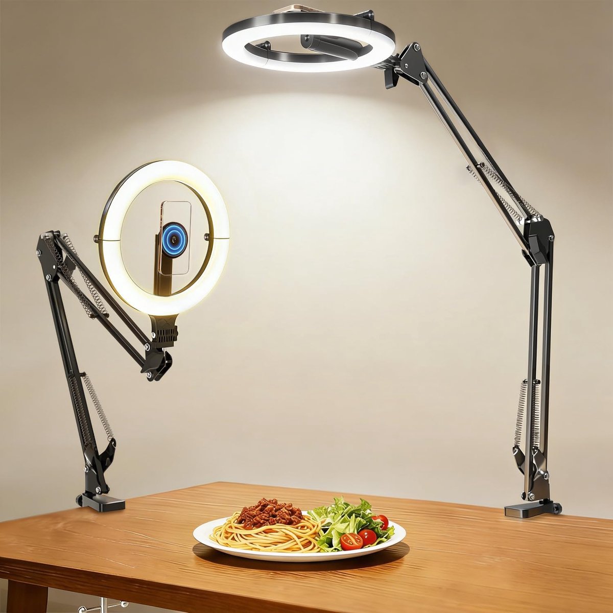 SnelShoppen - Ring Light met Telefoonhouder voor Bureau, Flexibele Arm 5000mAh, Cirkel Lamp Statief voor iPhone Video Opname, Koken, Nagels, Zoom Verg