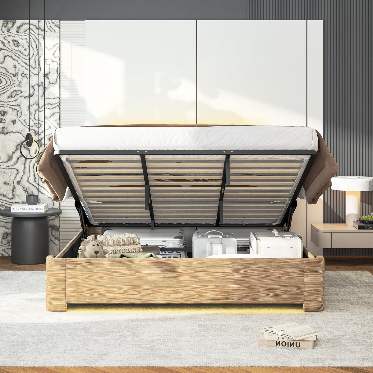 Bed 190x200 cm - Tweepersoons Opbergbed Met Ledverlichting En Gasveer - Zonder Matras - Lattenbodem En Afstandsbediening - Beige
