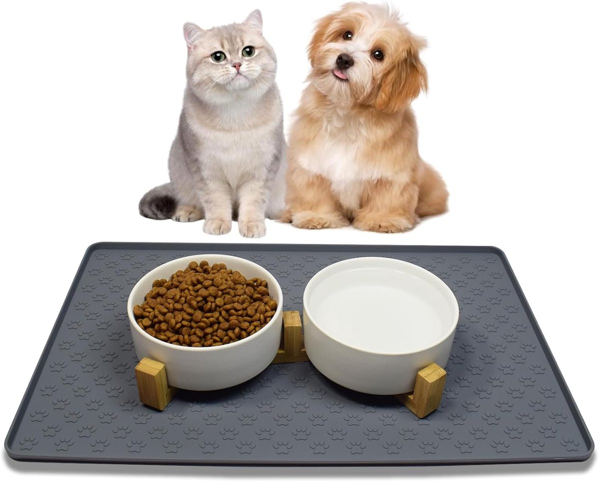 SnelShoppen - Ceramische Dubbele Voerbak Waterbak met Bamboe Stand en Antislip Mat voor Katten en Kleine Honden (400ml, 2 Wit)