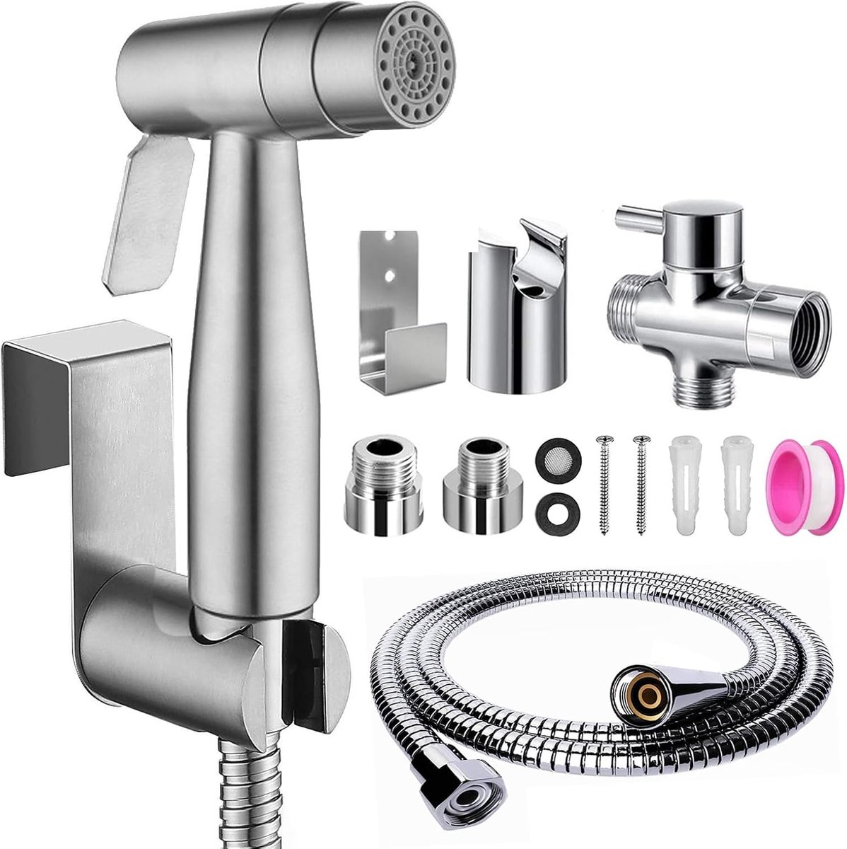 SnelShoppen - Bidet Handdouche Set, Premium Dubbele Functie, Geborsteld RVS met G1/2 Inch T-Klep en G3/8 Inch Adapter, Voor Badkamer, Hygiëne, Toiletp