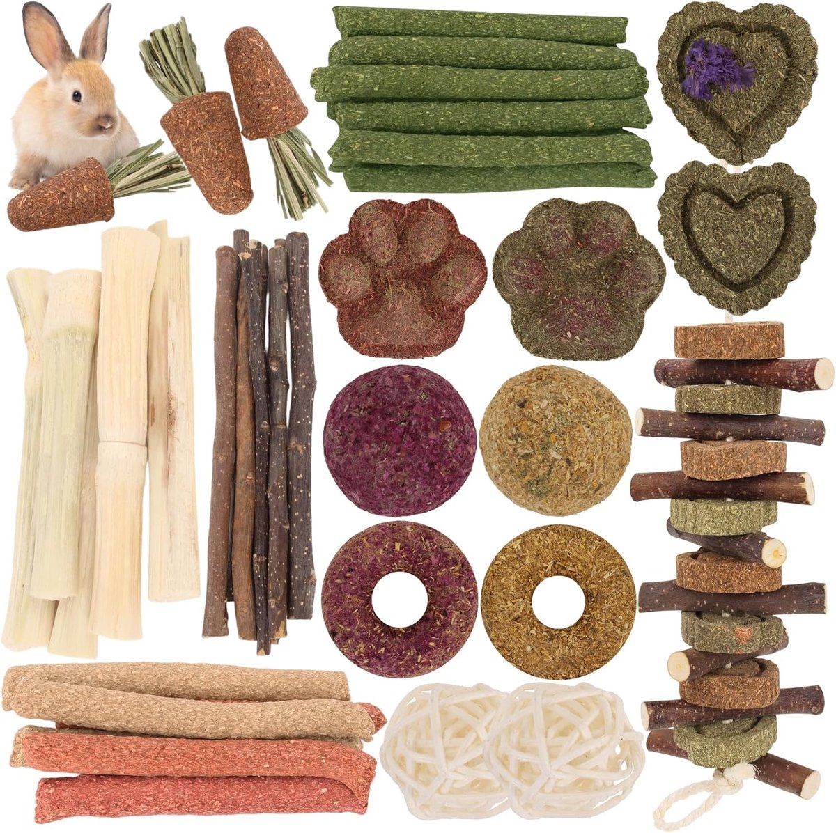 SnelShoppen - 45-delig Konijnen Speelgoed Set, Natuurlijke Kauwspeeltjes voor Konijnen en Kleine Dieren, Timothy Hooi Sticks, Appel Hout Sticks, Snoep