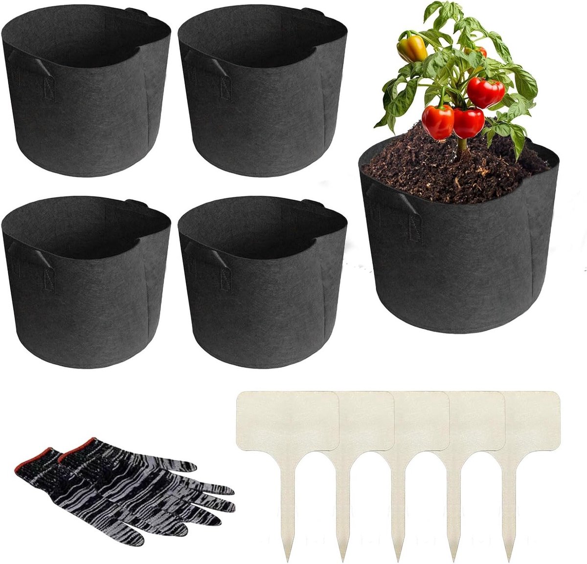 Set van 5 x 40L Planttassen met Handvatten en Potgrondmat voor Aardappelen, Tomaten en Groenten, Ideaal voor Tuinieren en Verticale Beplanting