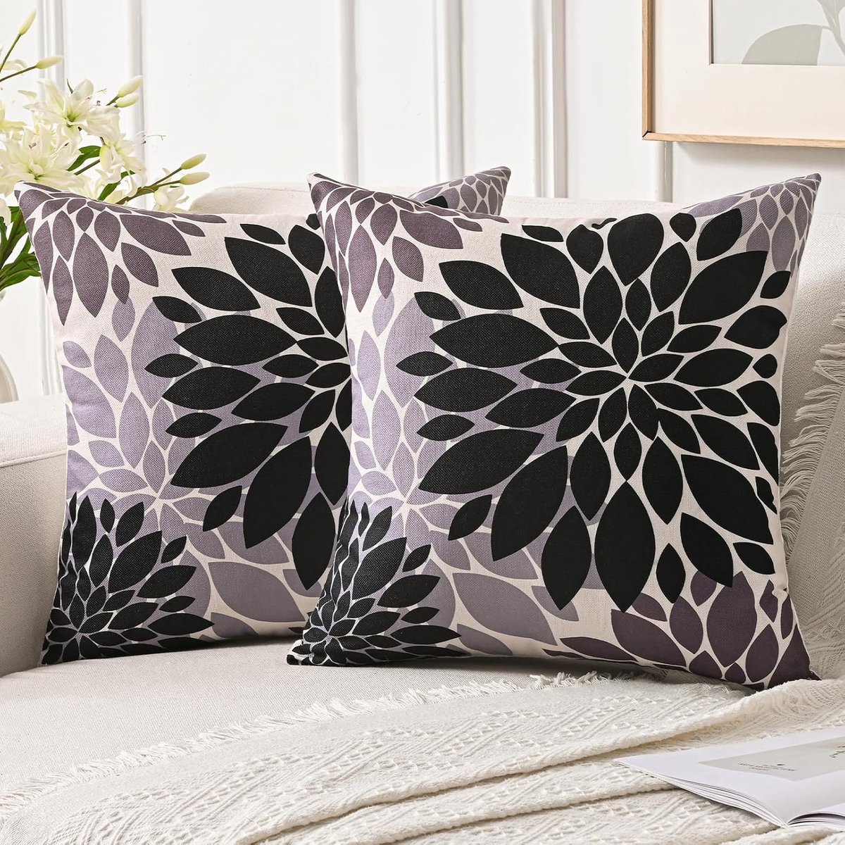 SnelShoppen - Set van 2 Decoratieve Kussenhoezen 45 x 45 cm met Dahlia Bloemen in Zwart en Grijs, Polyester Linnen, Sofacushions voor Woonkamer, Tuin