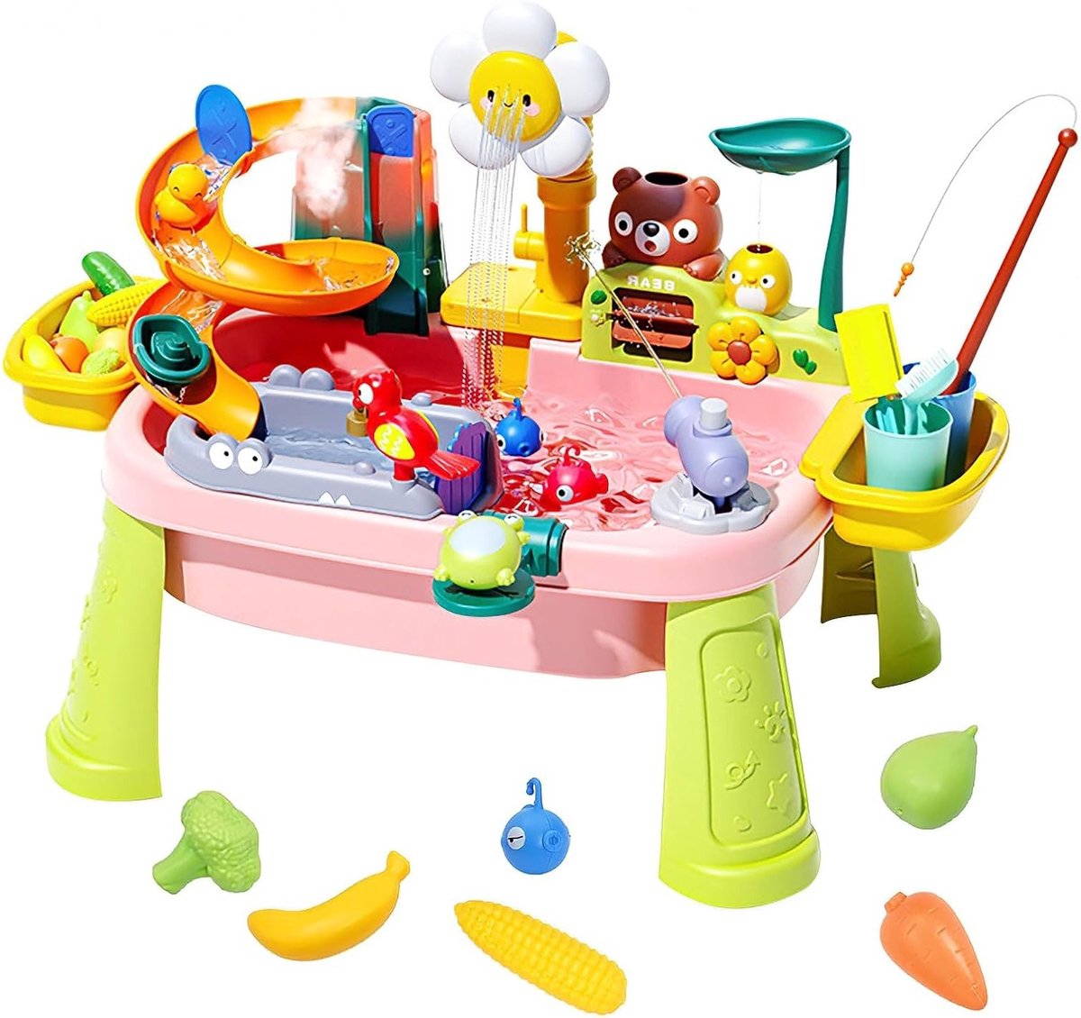 Multifunctioneel Waterpark voor Kinderen met Vissersvijver, Speelkeuken en Elektrische Watercircuits - Geschikt voor Kinderen vanaf 1 Jaar, Roze