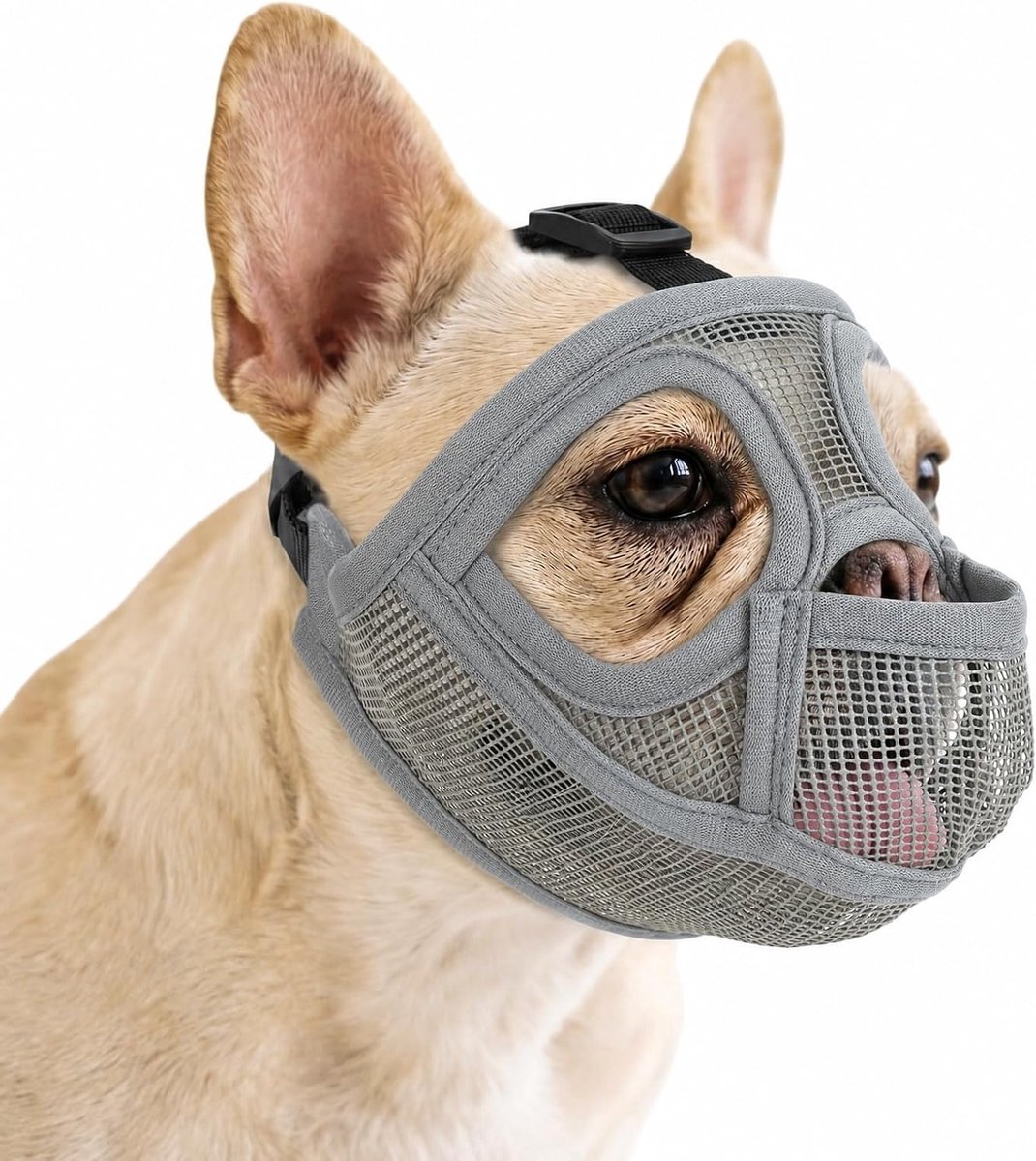 Ademhalingsvriendelijke muilkorf voor Franse Bulldog met verlengde voorkant | Comfortabel en praktisch voor dagelijks gebruik (Grijs, M)