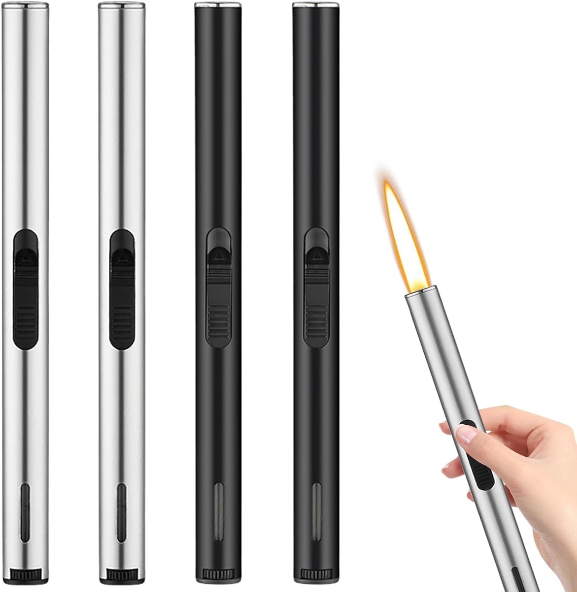 SnelShoppen - 4 Pack Lange Gasaansteker, Herbruikbare Aansteker voor Camping, Barbecue, Keuken, Aluminium, 19.5 cm, Perfect Cadeau voor Mannen