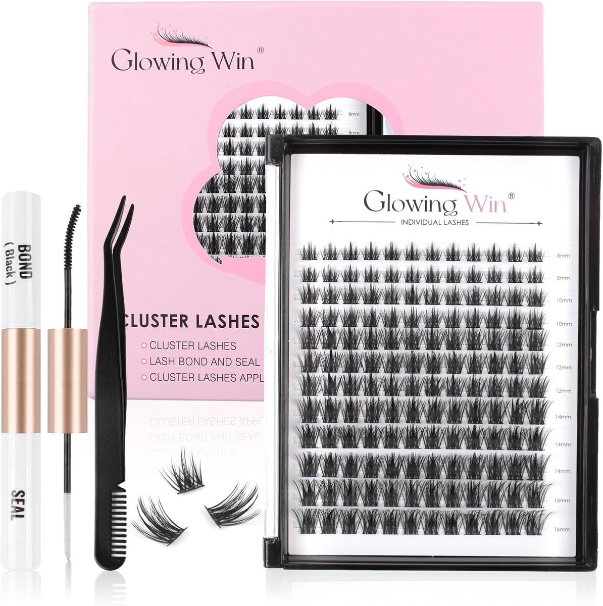 SnelShoppen - Cluster Wimperextensions Set 144 Stuks met Lash Bond en Seal Applicator - DIY Natuurlijke Neppwimpers 8-16mm - Lichtgewicht en Herbruikb