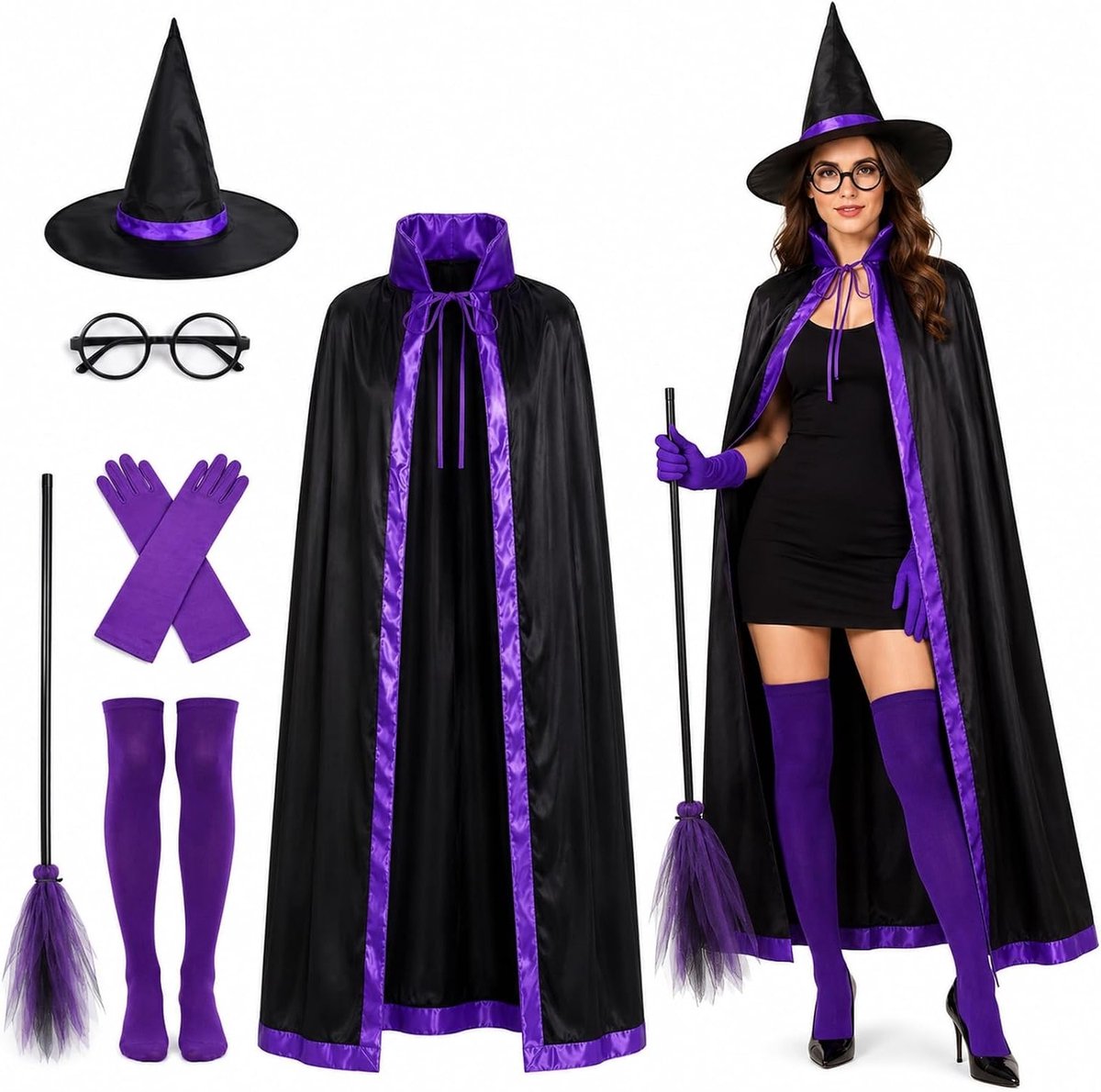 Dames heksenkostuum voor Halloween met hoed, cape, bezem en handschoenen - Perfect voor carnaval en themafeesten, 5-delig set