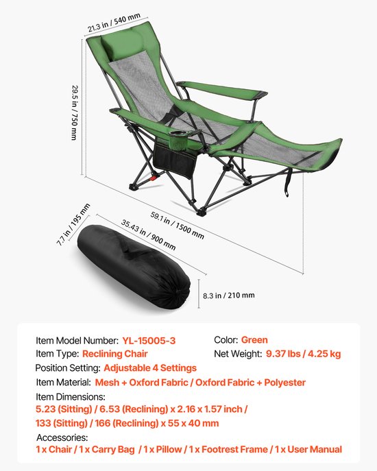 Opvouwbare Campingstoel met 4 Verstelbare Posities, Comfortabele Stoel met Bekerhouder, Mesh Strandstoel met Hoofd- en Voetensteun, Draagkracht tot 100 kg, Ideaal voor Buitenkamperen, Groen — afbeelding 3