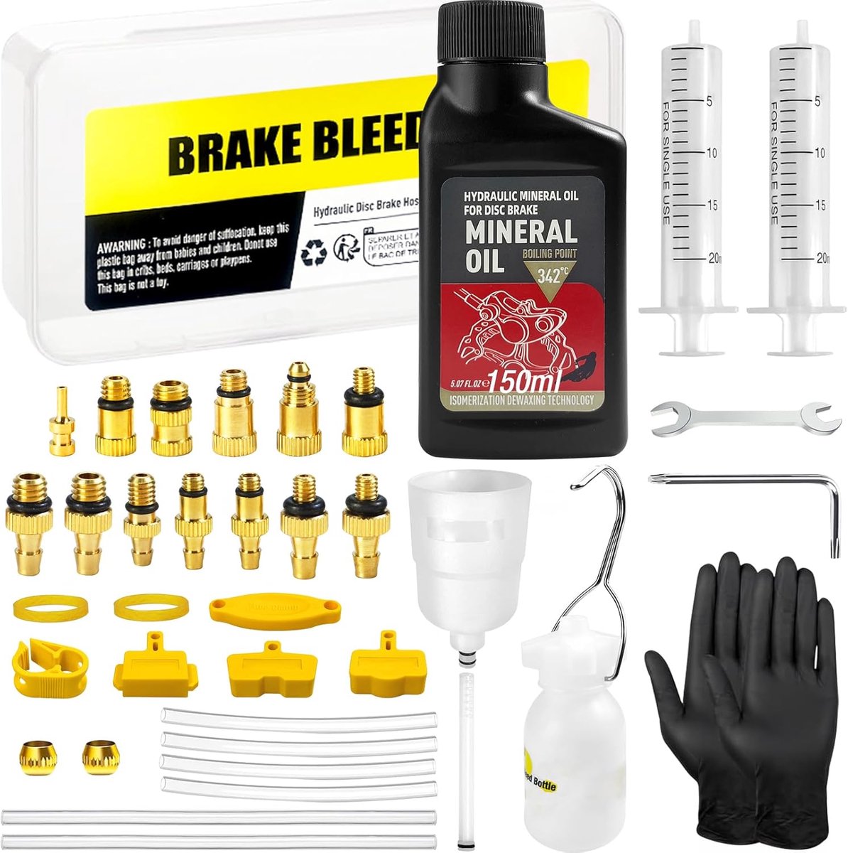 SnelShoppen - Bicycle Bleed Kit voor Hydraulische Remmen, Professionele Rembloedingskit met Messing Adapters en 150 ml Mineraalolie, Geschikt voor MTB