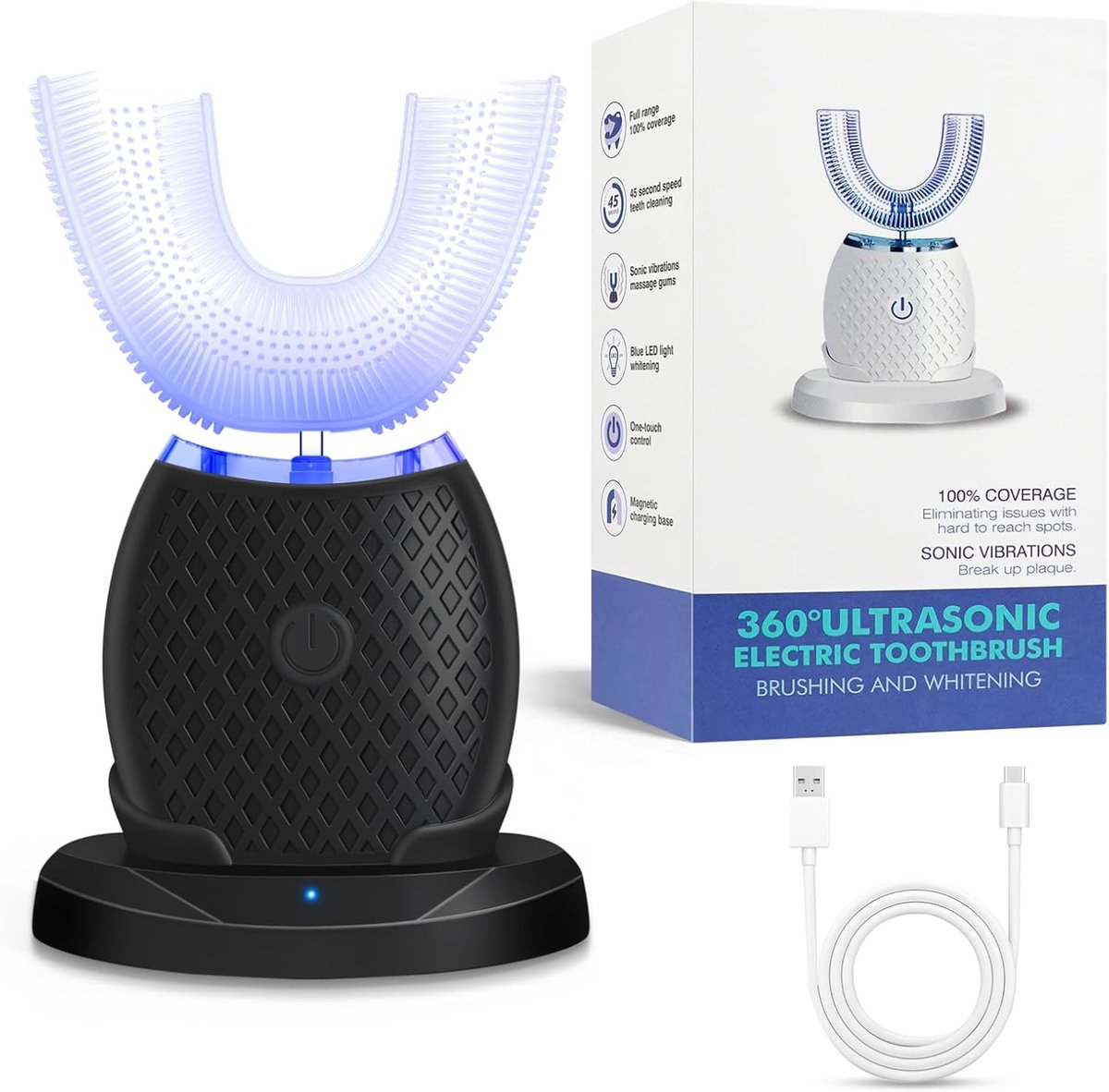 SnelShoppen - Automatische Ultrasonic Tandenborstel, Elektrische Tandenborstel met Timer, 4 Modi, 360° Reiniging, U-vormig Ontwerp, Waterproof IPX7 vo