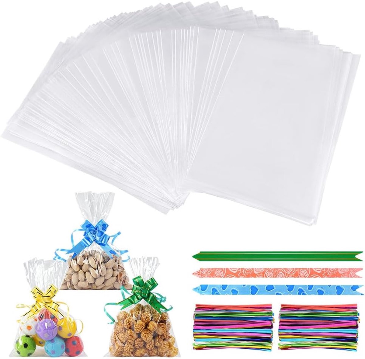 SnelShoppen - Heldere Cello zakken 100 stuks - 16x24 cm met lint en trekbloem - Perfect voor Feestjes, Cadeaus, Verpakkingen, Decoratie, Bruiloft en M
