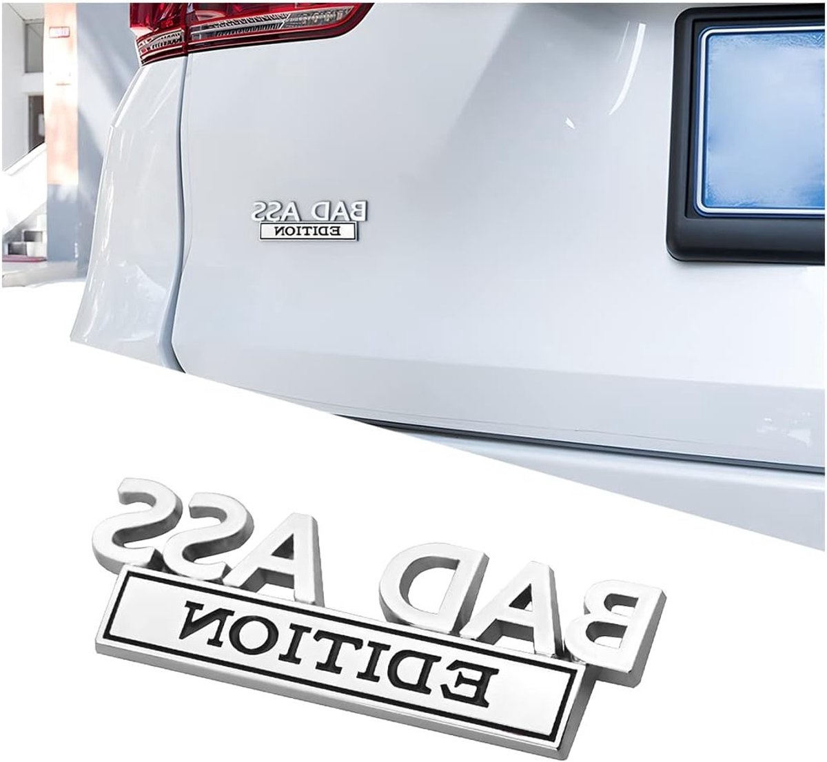 Bad Ass Edition Embleem voor Auto, Geschikt voor Interieur en Exterieur Decoratie, Gepersonaliseerde Metalen Stickers voor Auto's en Emblemen (Zilver-Zwart)