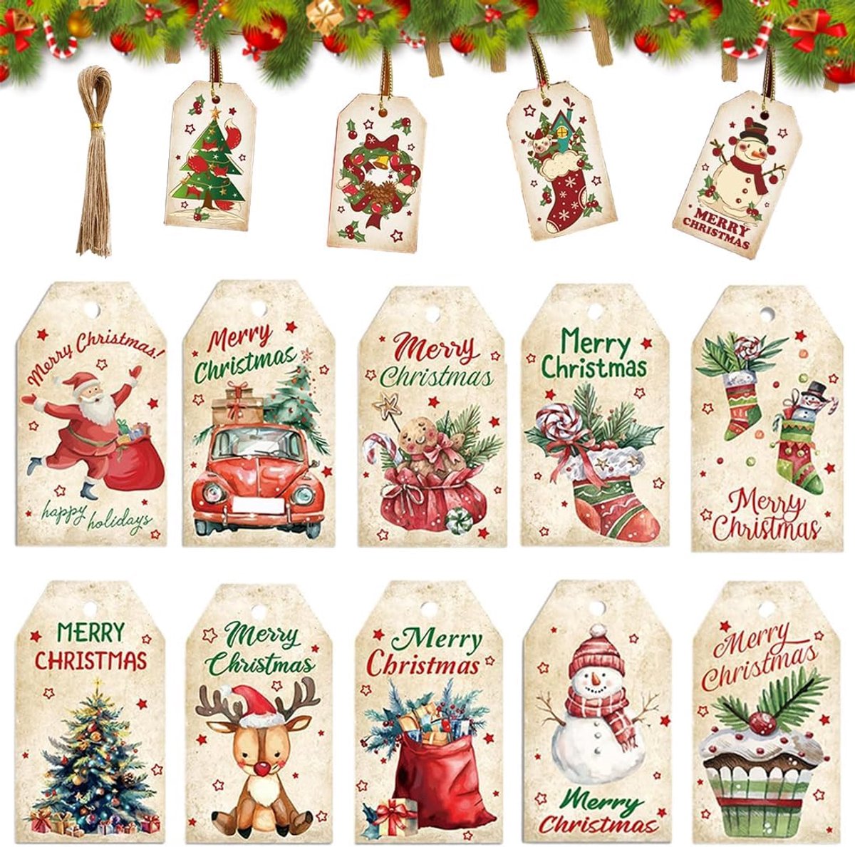 SnelShoppen - 50 Christmas Kraft Paper Labels - Cadeautags met 50 Jute Touwen - 6 Openwork Patroons en 10 Print Patroons - Perfect voor Kerstmis, Gesc