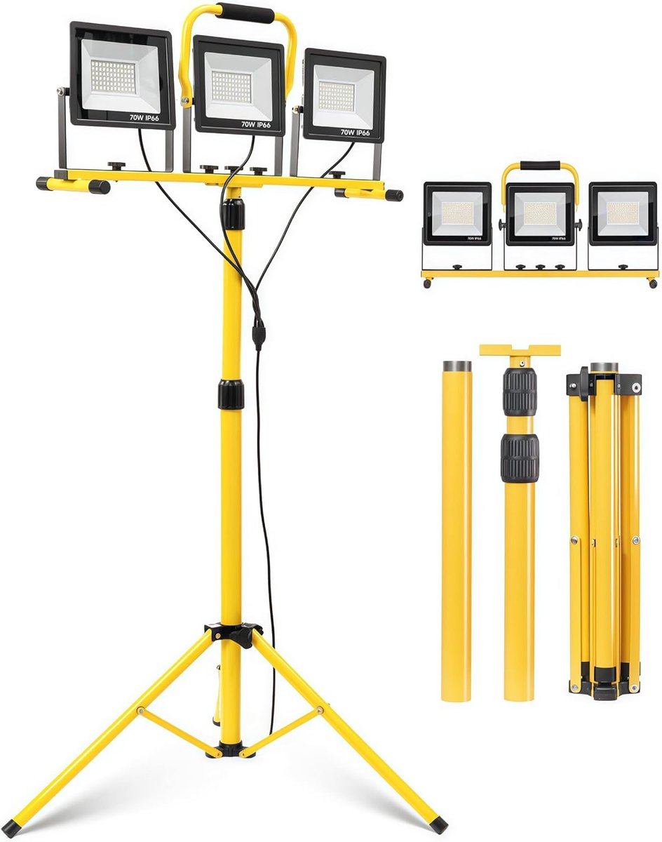 SnelShoppen - 210W LED Bouwlamp met Statief, 20000LM, 3 Hoofden, 5m Kabel, IP66 Waterproof, Vouwbare LED Werklamp voor Buiten, Werkplaats, Auto Repara
