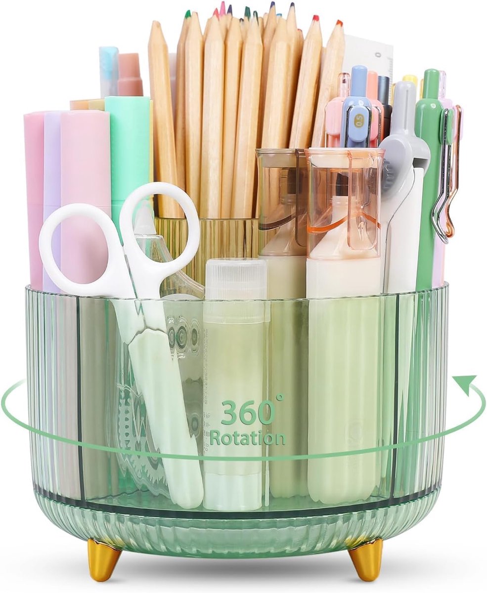 SnelShoppen - Pen Organizer 5 Compartimenten, Rotatable Desk Organizer, Aesthetic Stationery Houder voor School, Thuis en Kantoor, Transparant Groen