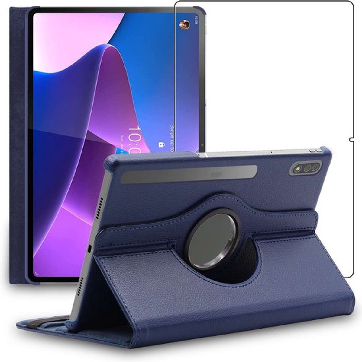 ebestStar - Hoes geschikt voor Lenovo Tab P12 Pro, Roterende Etui, Case, 360° Draaibaar hoesje, Donkerblauw + Gehard Glas