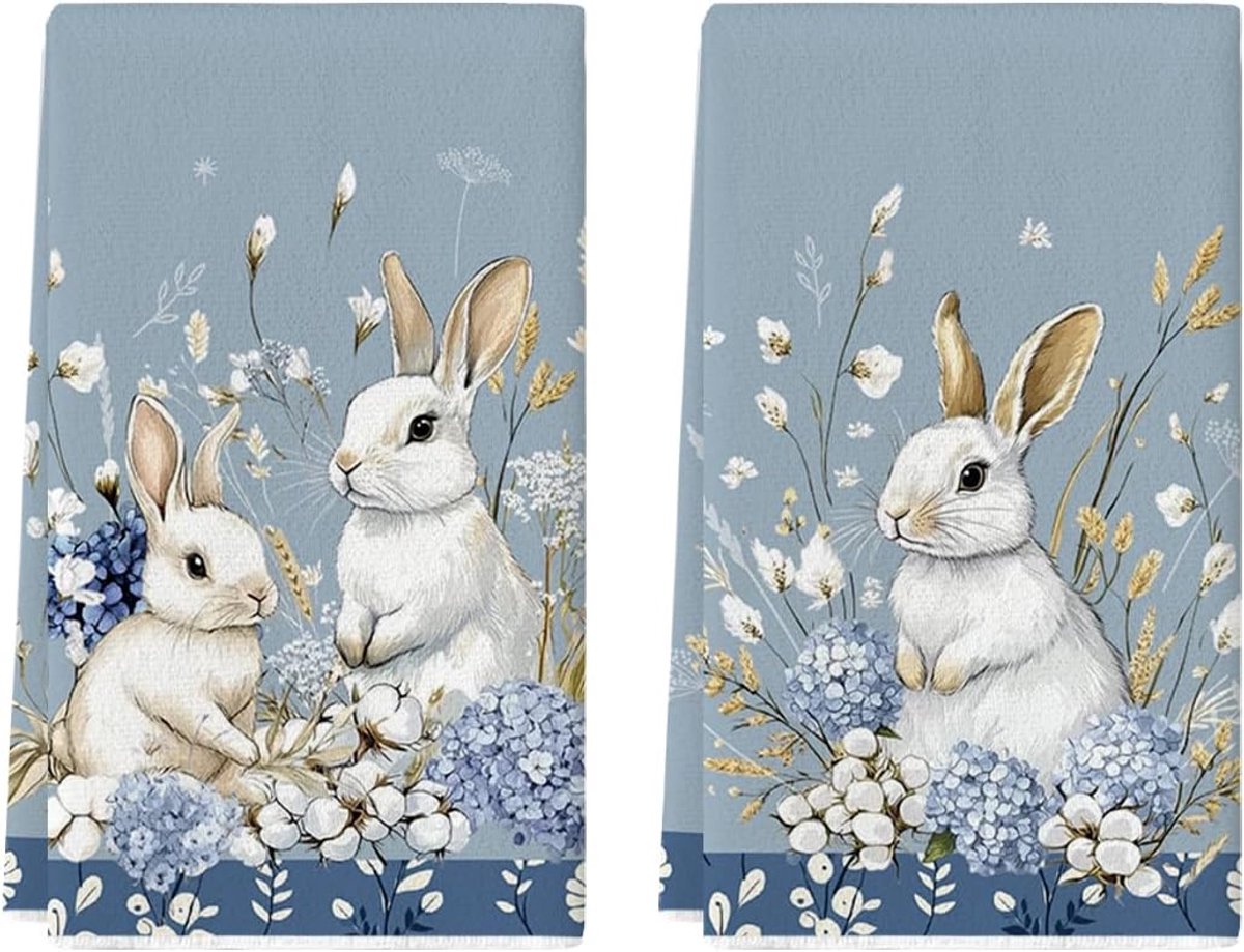 SnelShoppen - Keuken Handdoeken Set van 2 - Kapok Hydrangeas Bunnies - 42x65 cm - Hoge Kwaliteit Polyester - Absorberend voor Schoonmaken en Drogen -