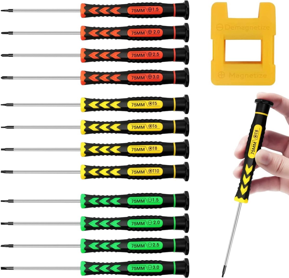 SnelShoppen - Schroevendraaierset 12 Delen Mini Schroevendraaiers Magnetisch met 1 Magnetizer - 17 cm Dunne Punt Slotted Phillips Torx voor Horloges e