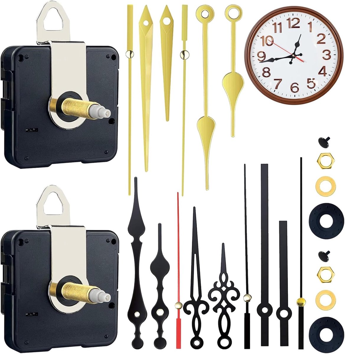 SnelShoppen - 2 Stuks 20mm Wandklok Mechanisme Noiseless met 5 Sets Uurwijzers, Draadloze Quartz Klok voor Wandklokken, Gouden & Zwarte Handen, DIY Kl