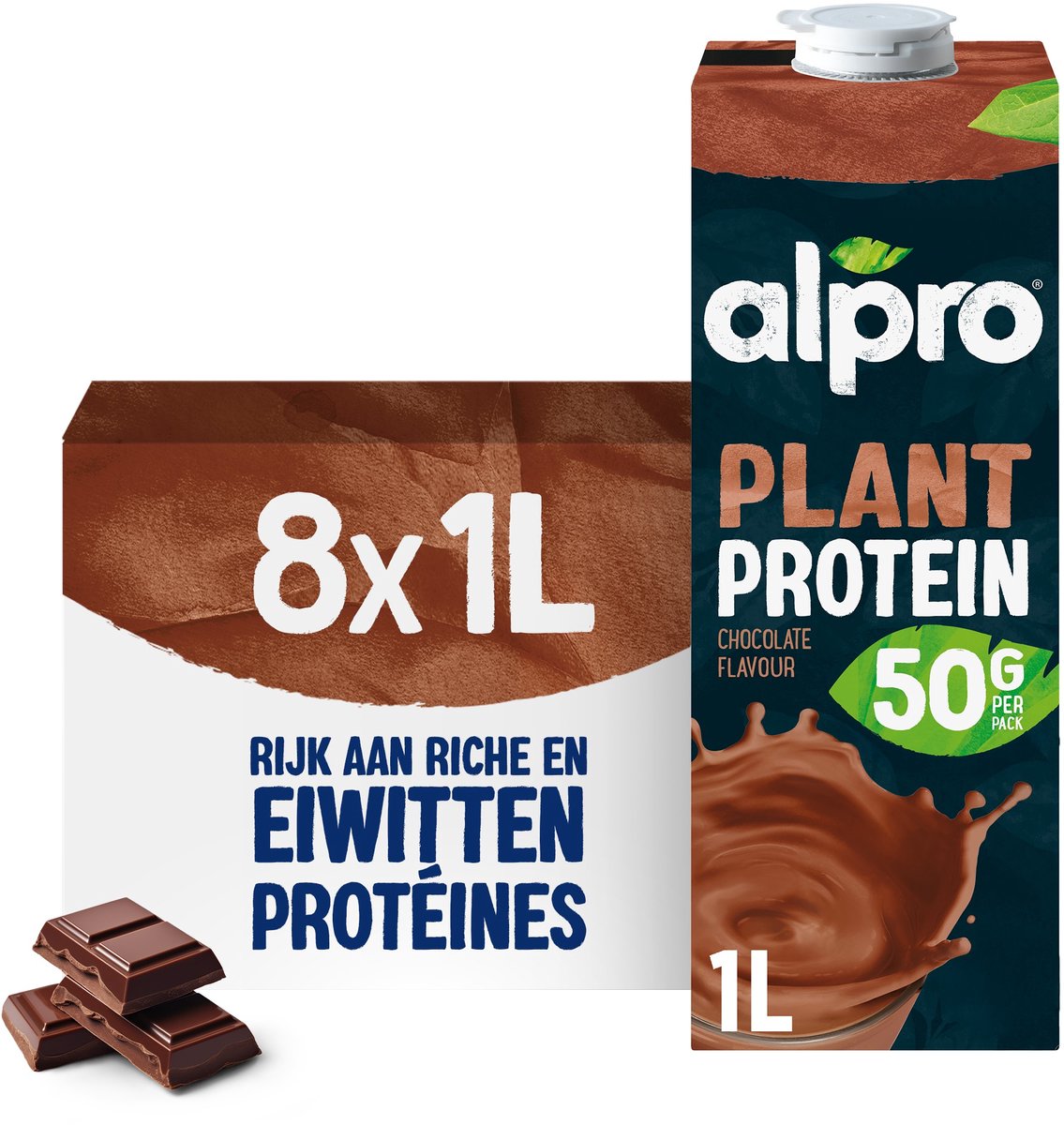 Alpro Sojadrink Choco Hoog in Proteïnen - Plantaardige Proteïnedrink - Lactosevrij & Glutenvrij - 8 x 1L