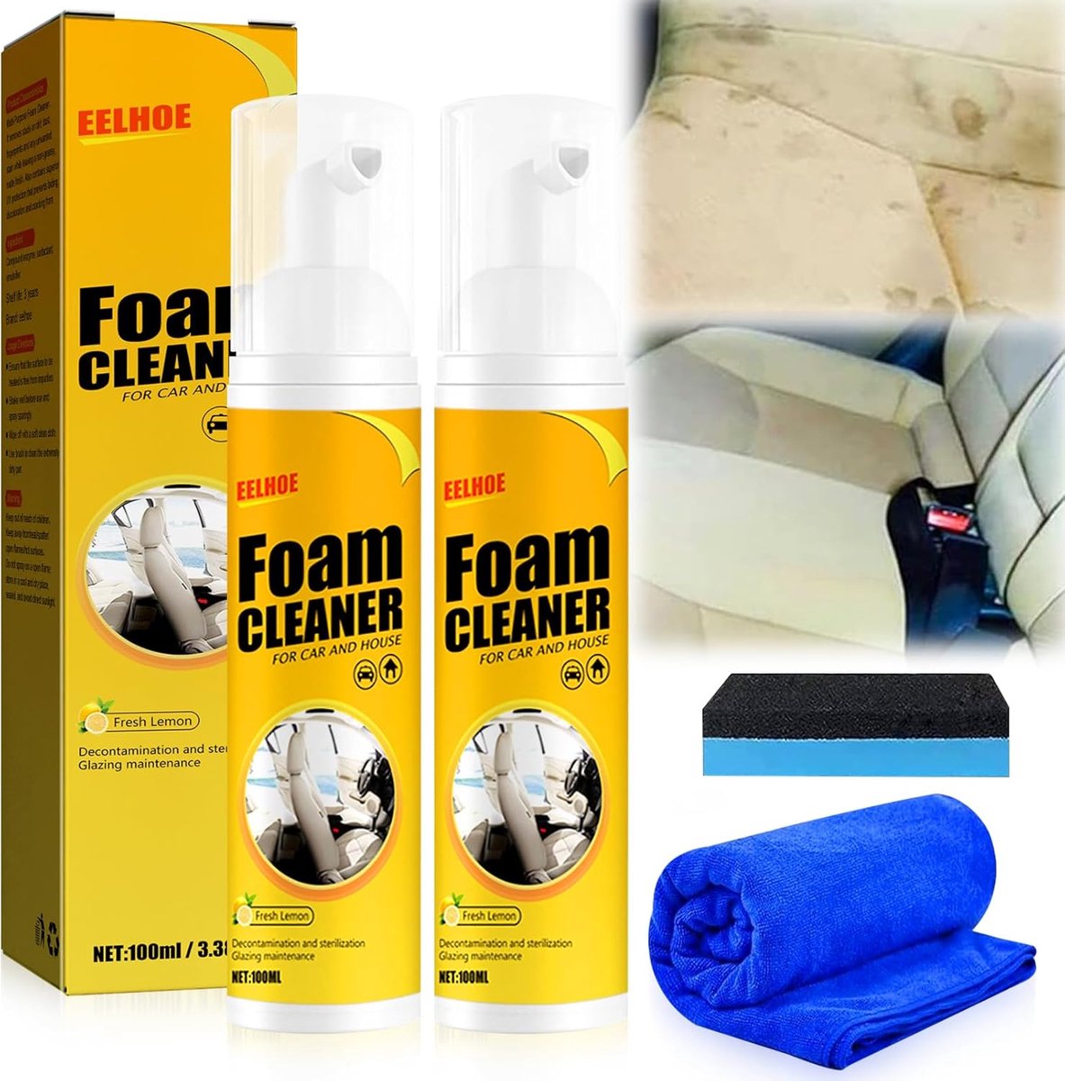 SnelShoppen - 2x 100ml Auto Foam Cleaner - Krachtige Vuilverwijderaar voor Interieur - Veilig voor Auto en Huishouding - Multifunctioneel en UV-besche