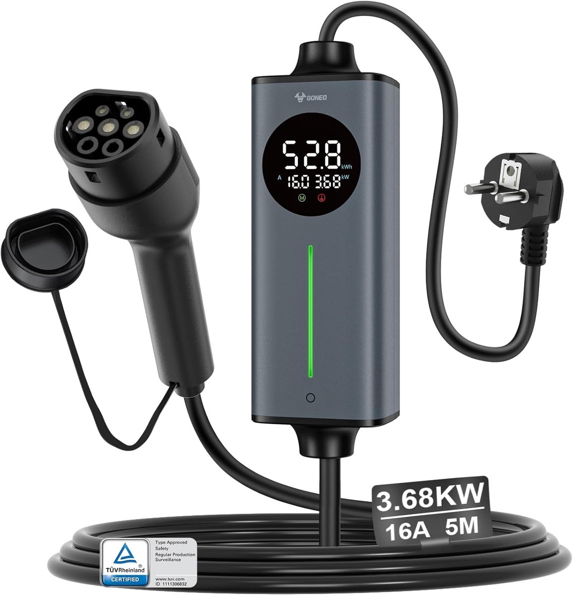 SnelShoppen - GONEO Type 2 Oplaadkabel Schuko 3.68kW 16A 5m | Draagbare EV Lader & Noodoplader 230V voor EV PHEV | Met Aardlekschakelaar, Temperatuurb