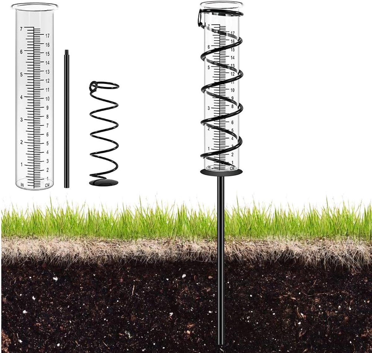 SnelShoppen - Tuin Regenmeter, Outdoor Neerslagmeter met Grondpen, Weerbestendig Glas, Spirale Design, Perfect voor Tuin, Balkon en Landschapsaanleg