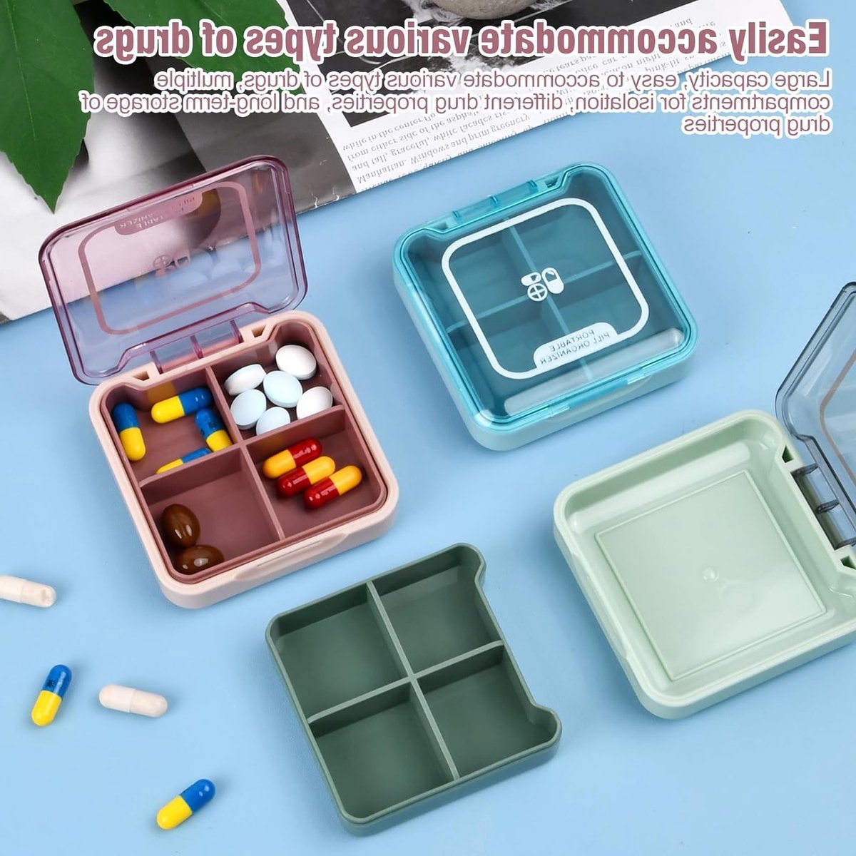 Compacte Waterdichte Pillendoos voor Reizen met 4 Verwijderbare Compartimenten - Ideaal voor Medicijnen, Vitaminen en Visolie Organisatie