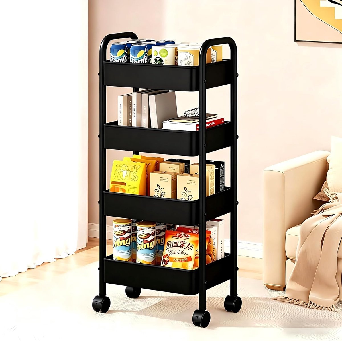 SnelShoppen - Keuken Trolley met Wielen, 4-niveau Opbergtrolley in Zwart, Multifunctionele Trolley voor Keuken, Badkamer, Woonkamer, Kunst en Creatief