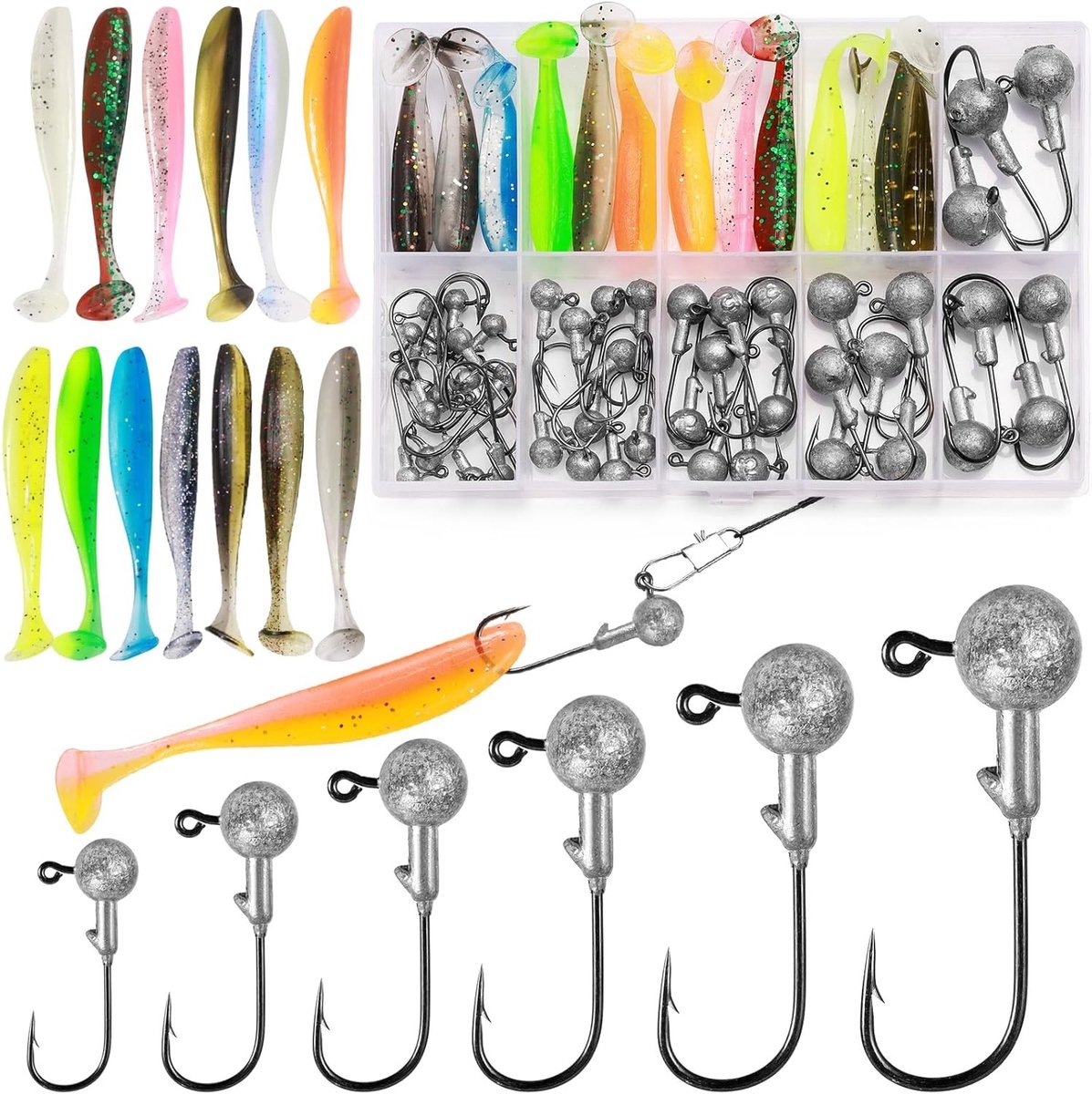 Diverse Rubber Fishing Jig Heads in 6 Maten – 58 Stuks – Ideaal voor Zoet- en Zoutwater, Perfect voor Baars en Andere Vissen