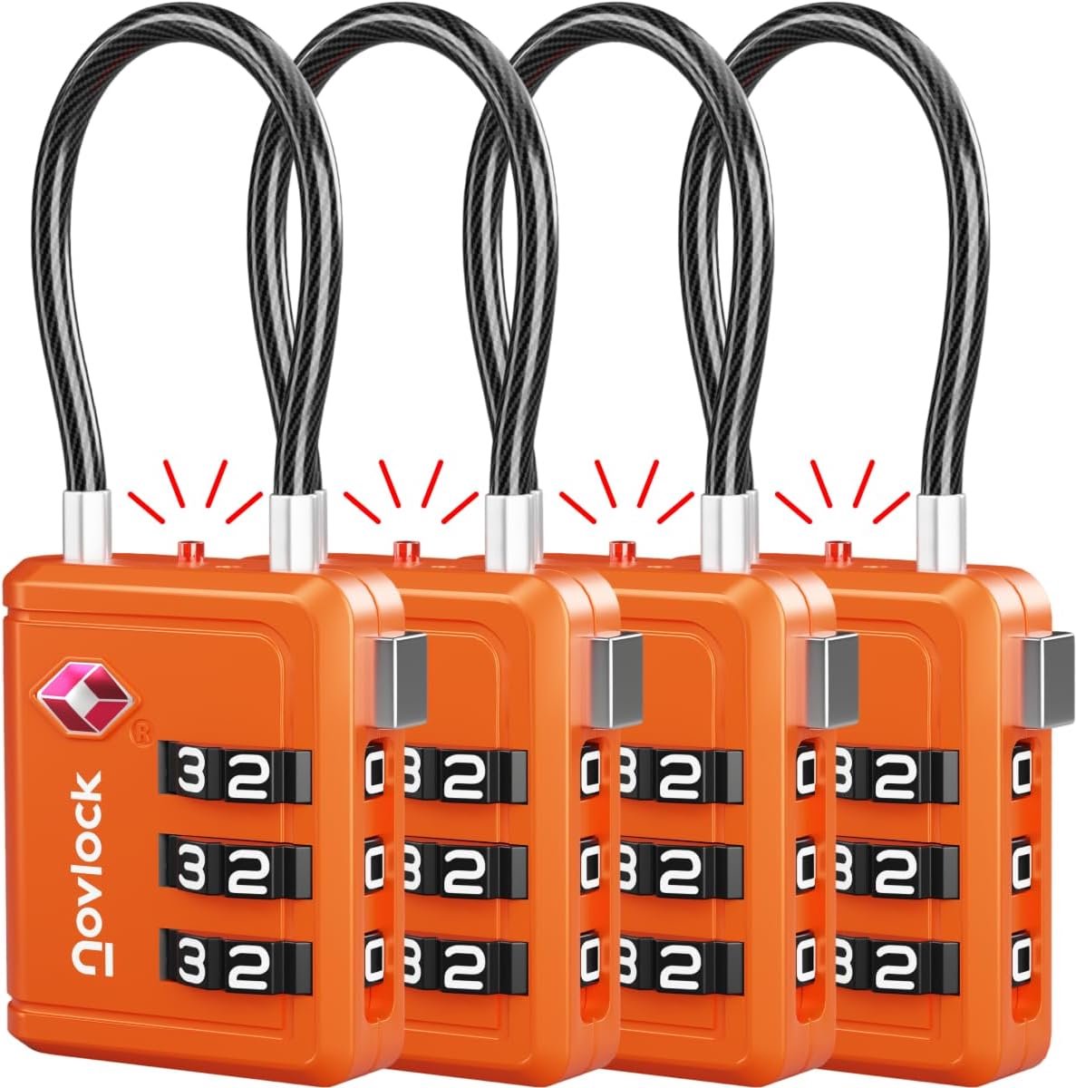 SnelShoppen - TSA Slot met Controle Indicator - Cijfer Slot voor Reizen, Koffers, Rugzakken & Cabin Bagage - Bagagesloten, 4-Pack Oranje