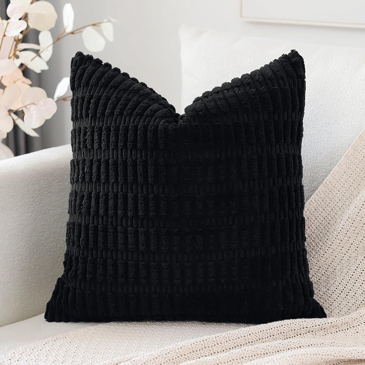 SnelShoppen - Boho Striped Corduroy Kussenhoes 45x45 cm, Super Zacht Decoratief Kussen voor Sofa, Slaapkamer, Auto, Modern, Zwart
