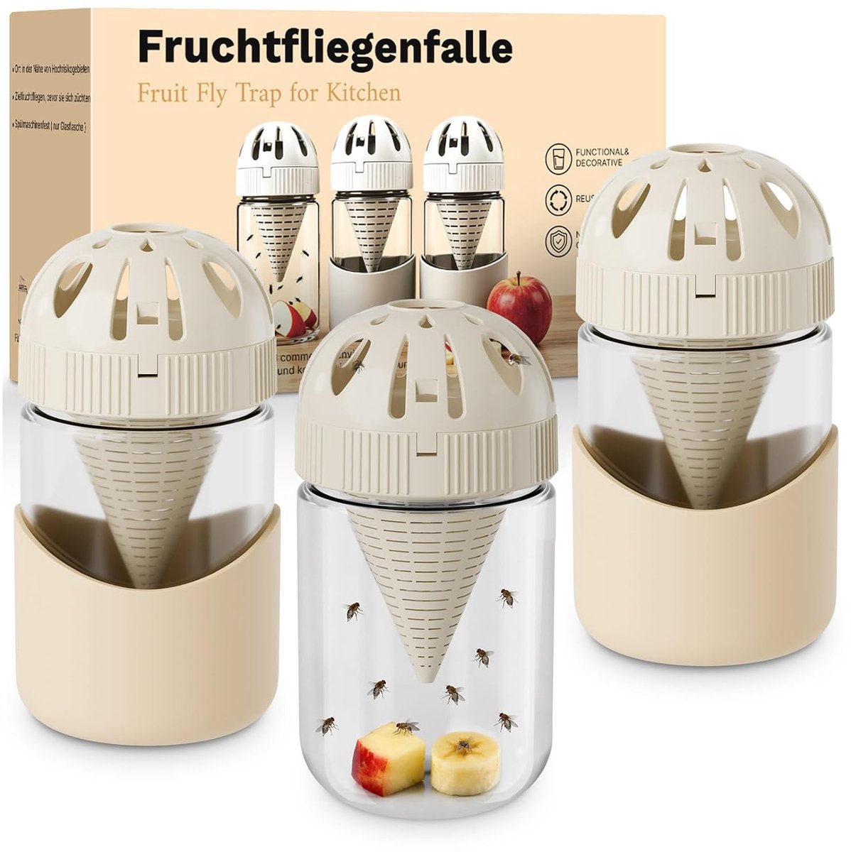 SnelShoppen - 3 Stuks Glazen Fruitvliegenval - Ontsnappingsbestendig Deksel - Herbruikbare Vliegenvanger voor Thuis - Effectief tegen Fruitvliegen - G
