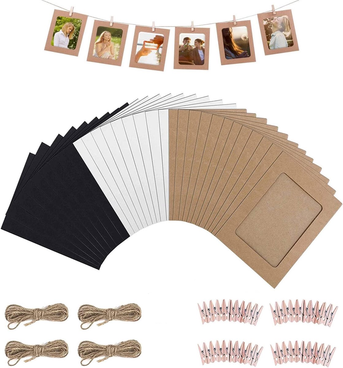 SnelShoppen - Brown Paper Photo Frame Set van 40 Stuks, Kraft Papier Fotolijsten 11.5 x 15.5 cm, Inclusief 40 Houten Klemmen en 4 Jute Touwen voor Dec