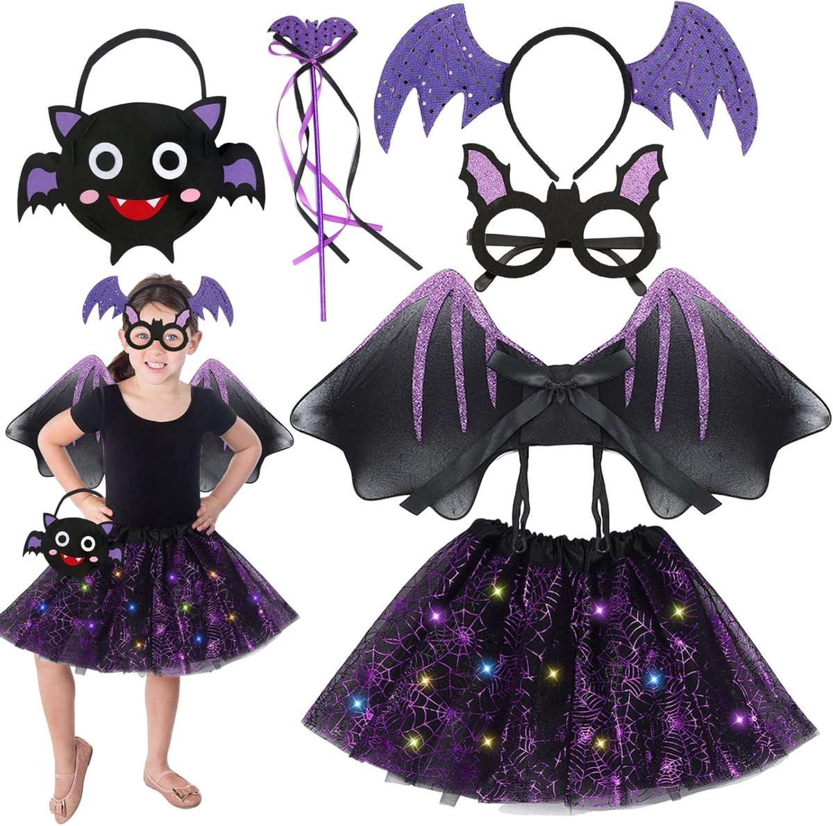 Vleermuiskostuum voor kinderen - 6 delig Halloween kostuum voor meisjes, ideaal voor carnaval en themafeesten, perfect voor cosplay en verkleedpartijen