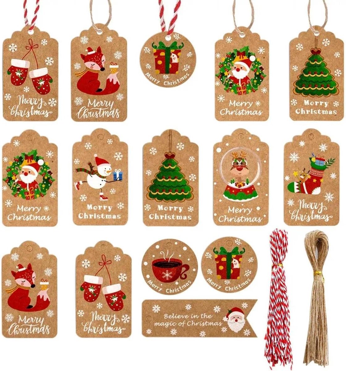 SnelShoppen - 100 Stuks Kerst Cadeaulabels - Bruine Kraft Papier Tags met Jute Touw - Perfect voor Kerstdecoratie en Handgemaakte Geschenken - Diverse