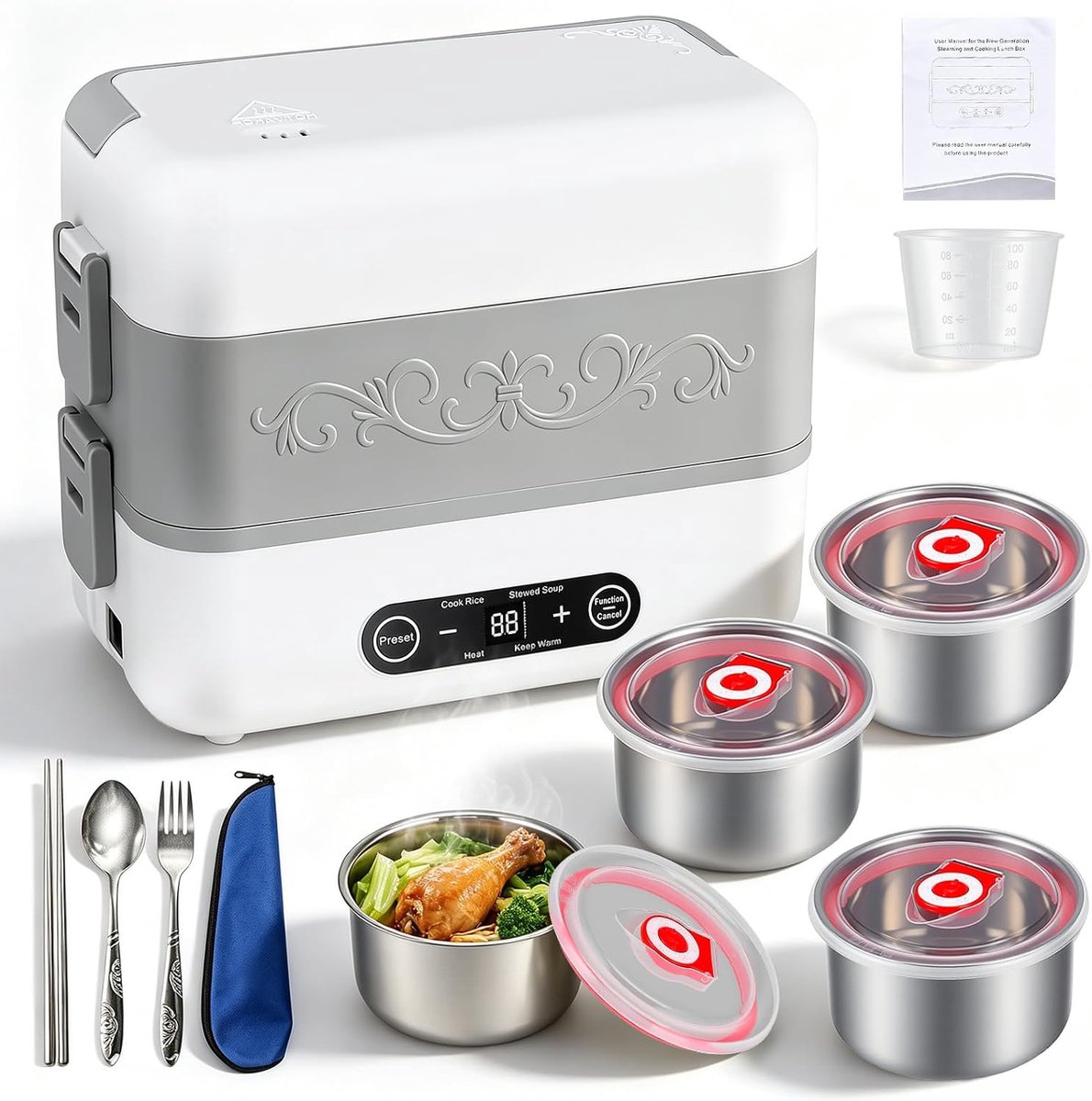 SnelShoppen - Elektrische Lunchbox voor Volwassenen, Draagbare Kabelloze Beheizbare Lunchbox 2.4L met RVS Binnencontainer en Digitale Weergave voor Ka