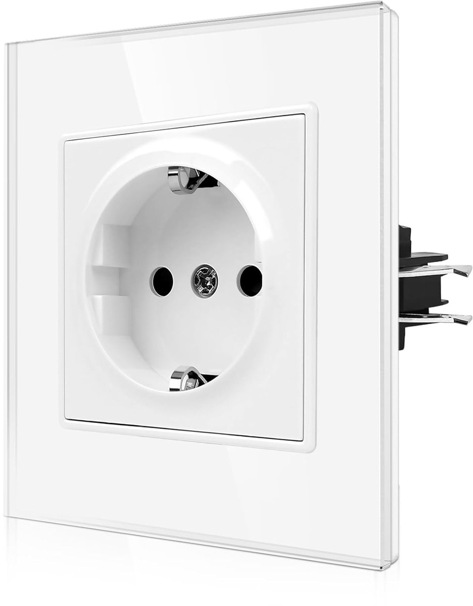 SnelShoppen - Schuko Enkel Stopcontact met Klemmen - Enkel Wandcontactdoos met Glasplaat - 16 Ampère, EU Standaard, Vlak inbouw met Kindveiligheid, Wi