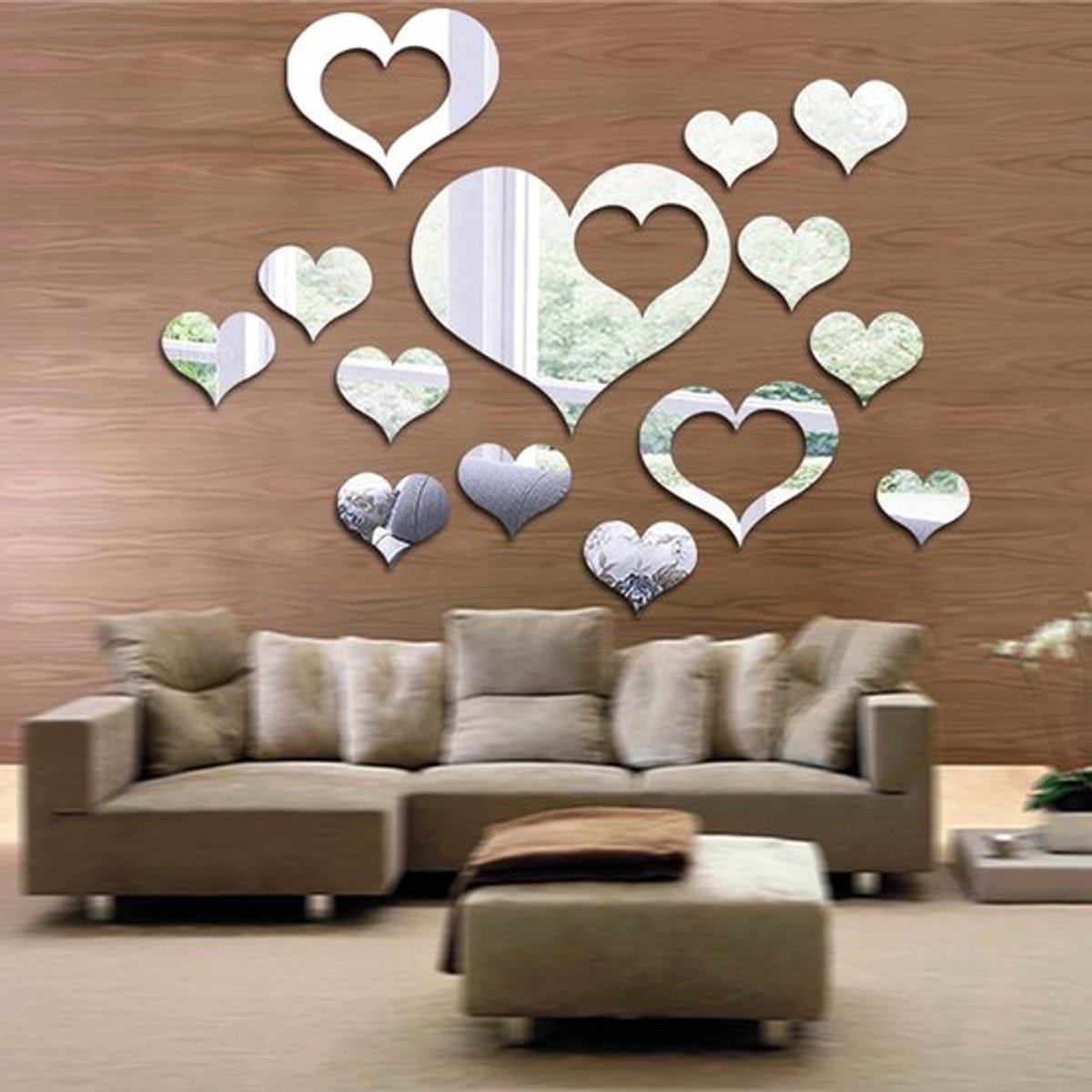 Spiegel Muurstickers Set van 16 stuks - Zelfklevend - 3D Effect - Decoratie voor Slaapkamer Badkamer Woonkamer - Hartmotieven - Zilverkleurig