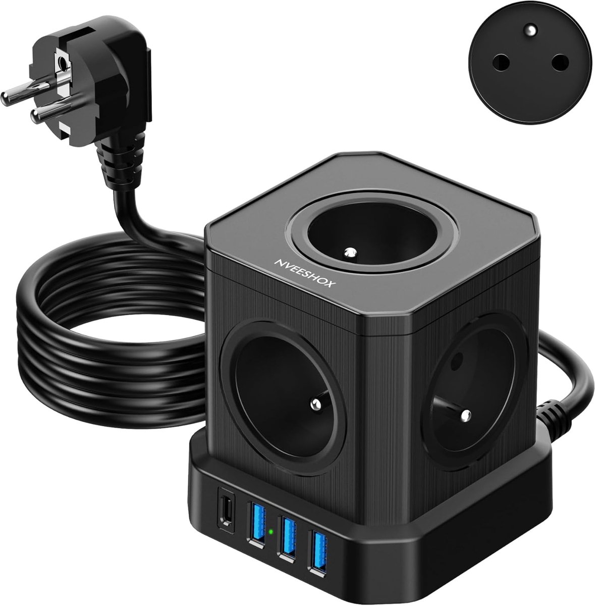 SnelShoppen - Multifunctionele Power Strip met 5 Franse Stopcontacten, 4 USB Poorten, Type C, 2 m Kabel, 16 A/4000 W, Voor Thuis, Kantoor, Feest, Camp