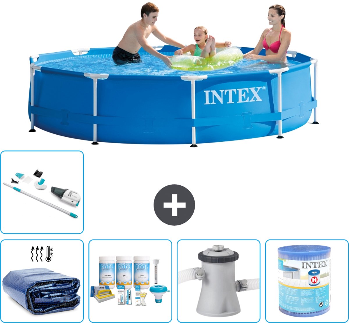 Intex Rond Frame Zwembad - 305 x 76 cm - Blauw - Inclusief Solarzeil - Onderhoudspakket - Zwembadfilterpomp - Filter - Stofzuiger - 6-delig