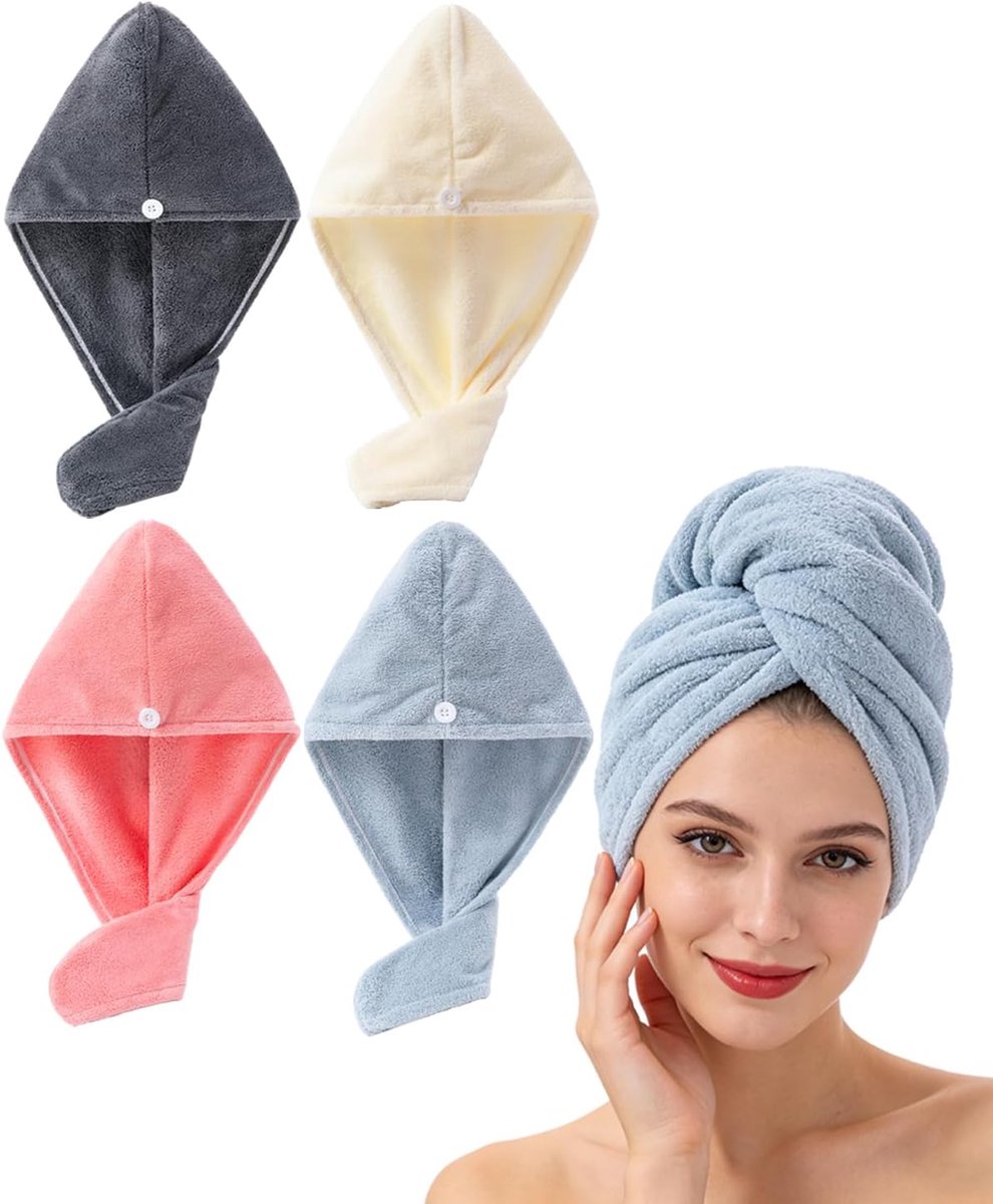 SnelShoppen - Set van 4 Haar Handdoeken, Mega Zacht, Extra Absorberend, Sneldrogend Microvezel, Turban voor Thuisgebruik, Roze, Lichtblauw, Donkergrij