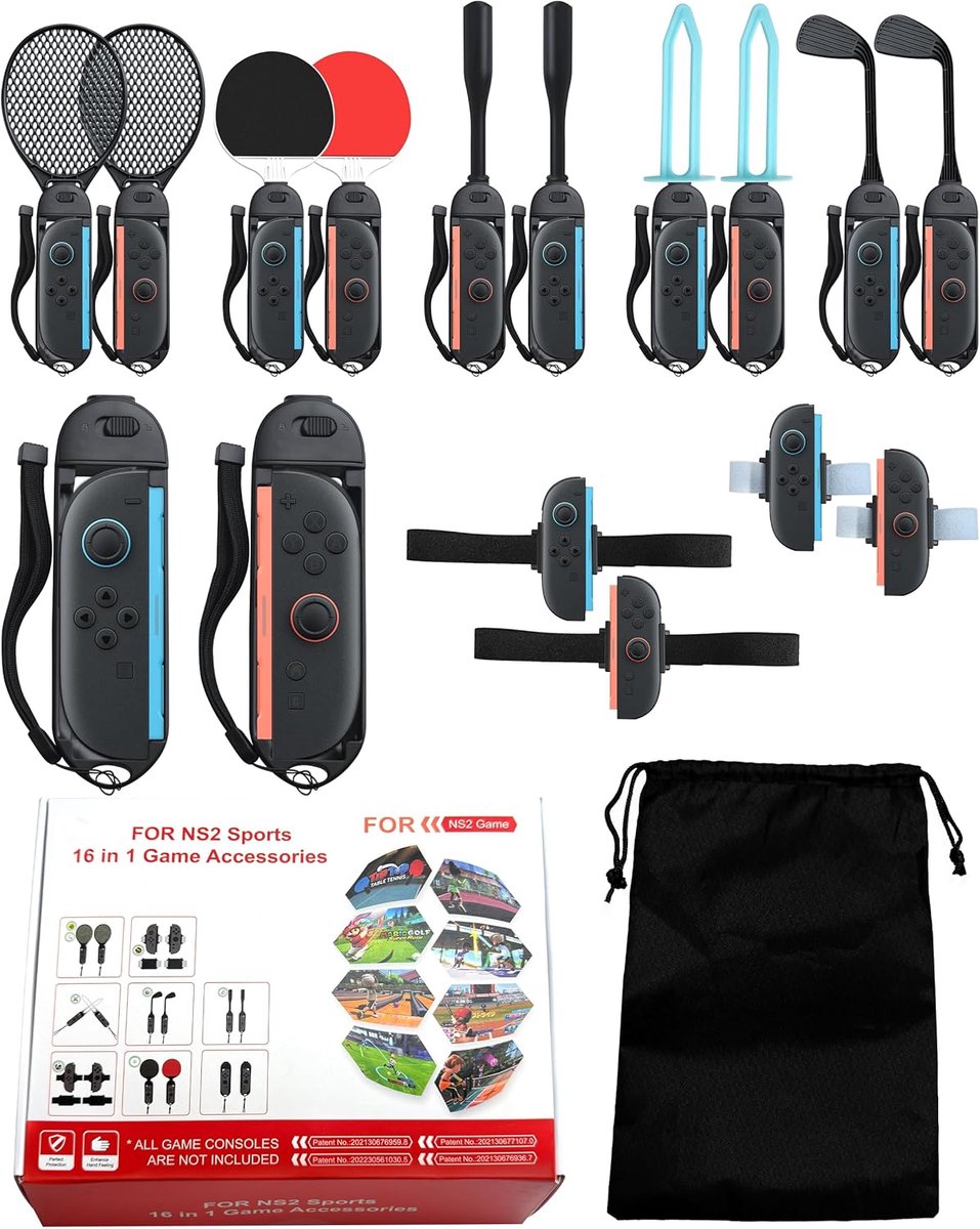 SnelShoppen - 16-in-1 Switch 2 Sport Accessoires Bundle voor JoyCon, Tennis Rackets, Golf Clubs, Ping Pong Bats, Baseball Bats, Swords, Inclusief Draa