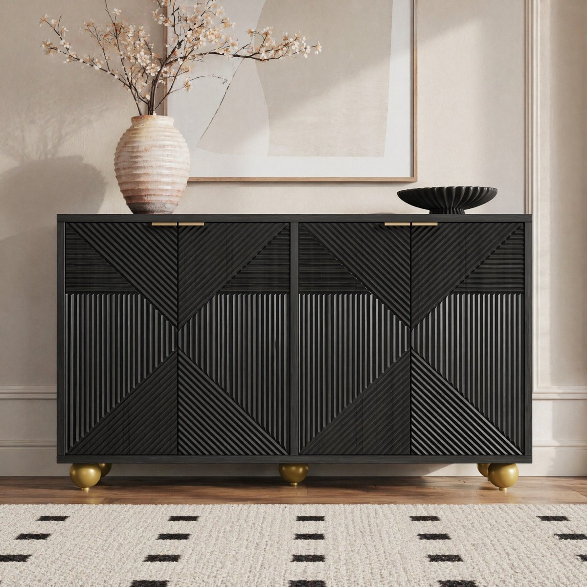 MODENUIT Dressoir - 4 Deuren Met Verstelbare Planken En Goudkleurige Handgrepen - Zwart MDF - 120x35x71,5 Cm