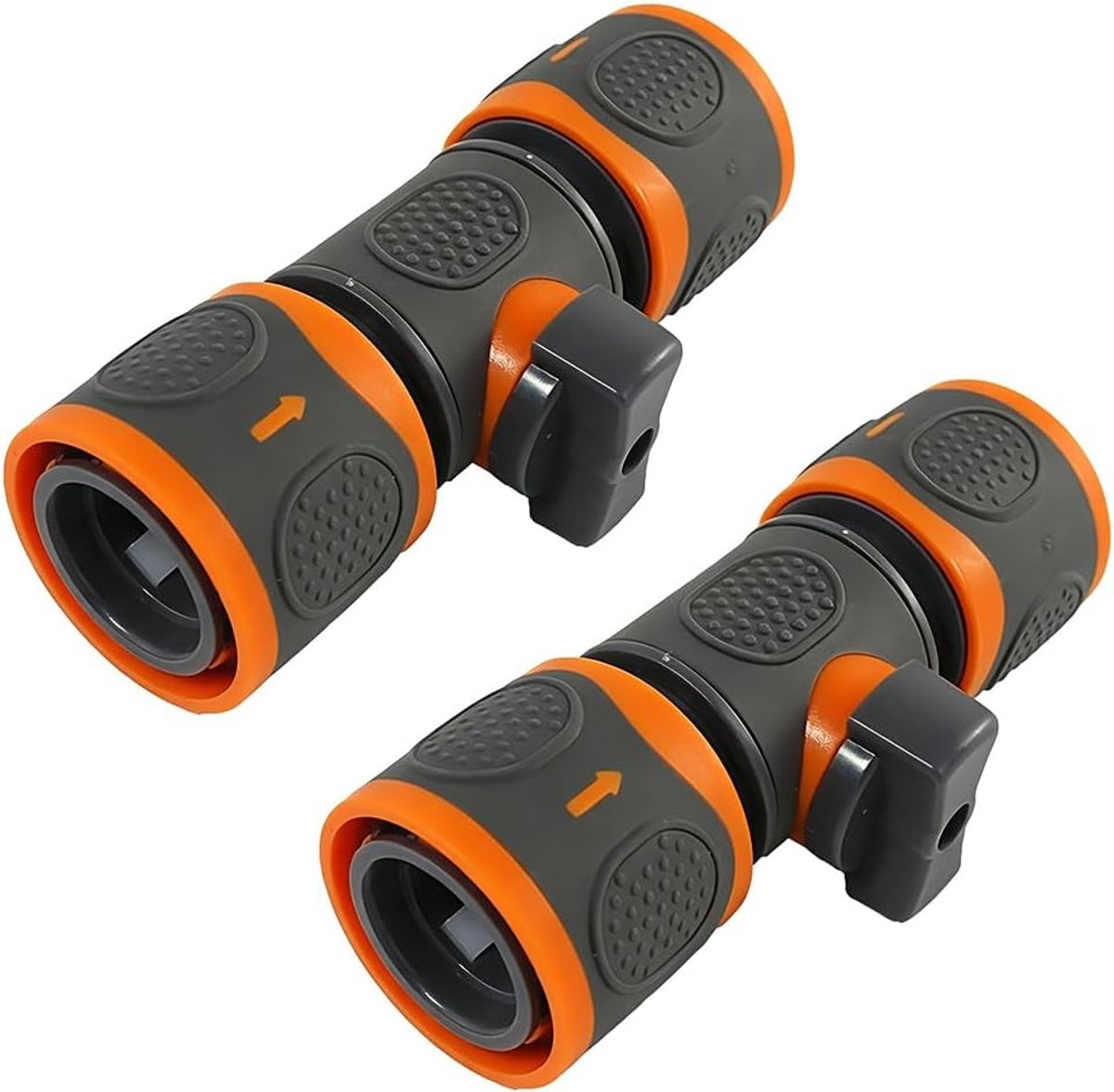 SnelShoppen - 2 stuks oranje dubbele slangkoppeling 1/2 inch voor tuinslang, snelkoppeling, kraanadapter met afsluitventiel, slangaansluiting voor tui
